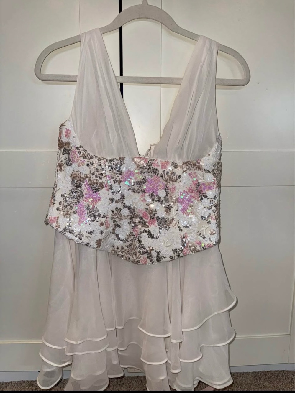 Oh Polly White Chiffon Camisole with Pink & Silver Sequin Bodice
